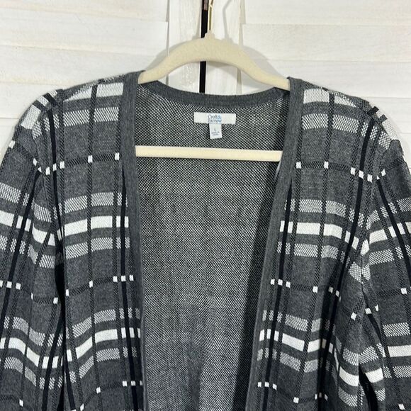 Cardigan Large Croft & Barrow Longline Plaid Black White & Gray - Picture 3 of 15